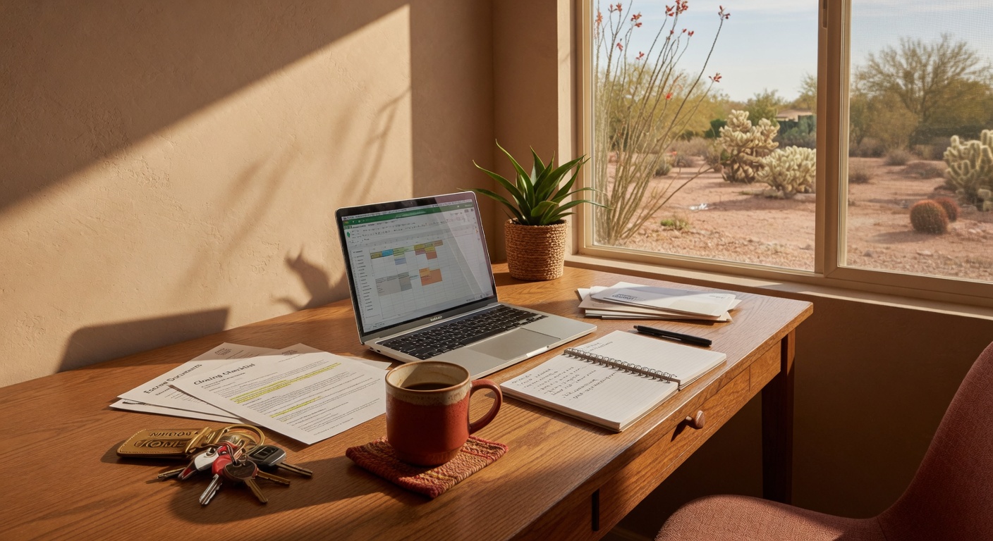 Home office with keys and paperwork