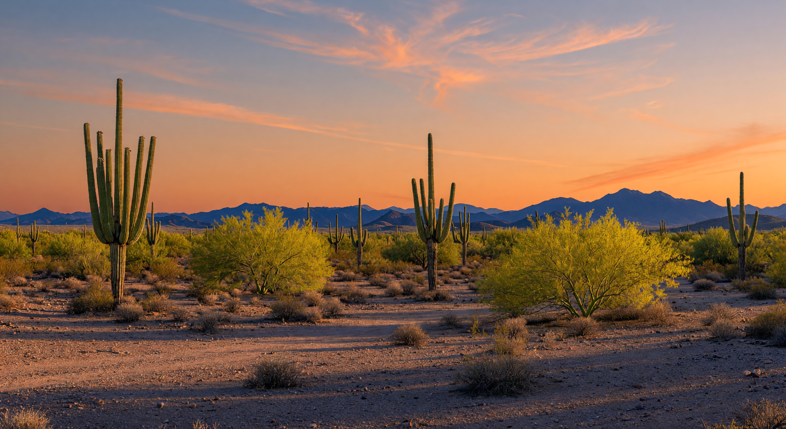 Sonoran Desert landscape near Casa Grande, Arizona at golden hour