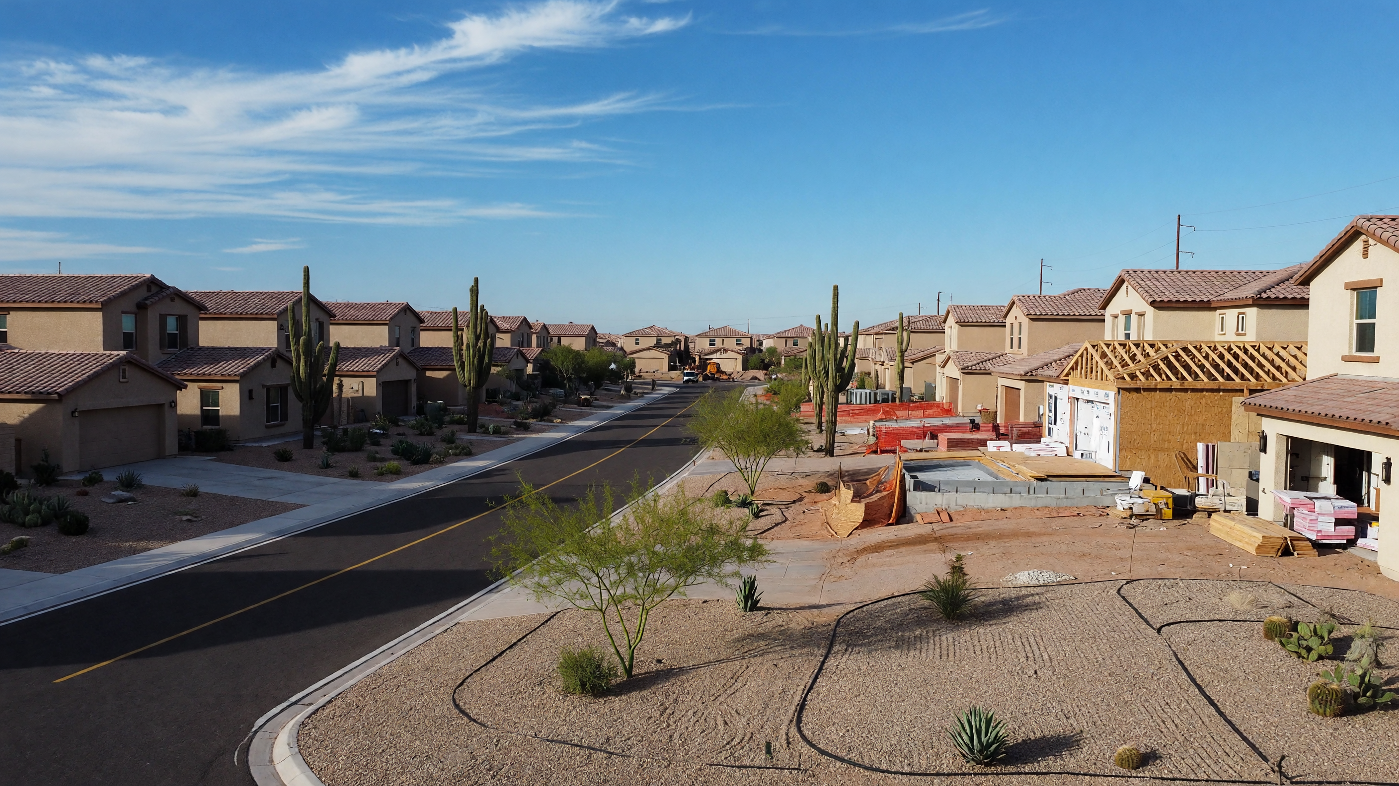 New residential subdivision in Casa Grande, Arizona with stucco homes, desert landscaping, and new construction visible under a bright Arizona sky