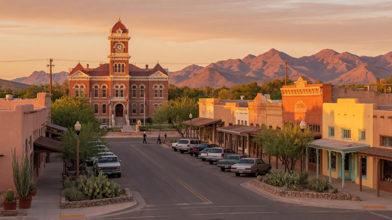 Historic downtown Florence, Arizona at golden hour
