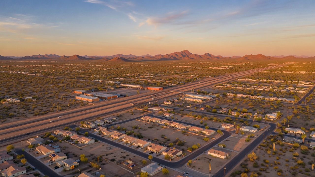 Desert landscape near Coolidge, Arizona with historical landmark ruins