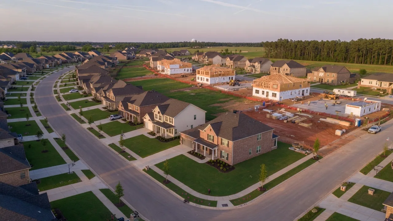 Aerial view of a new construction subdivision in Northeast Texas showing completed homes and lots under construction