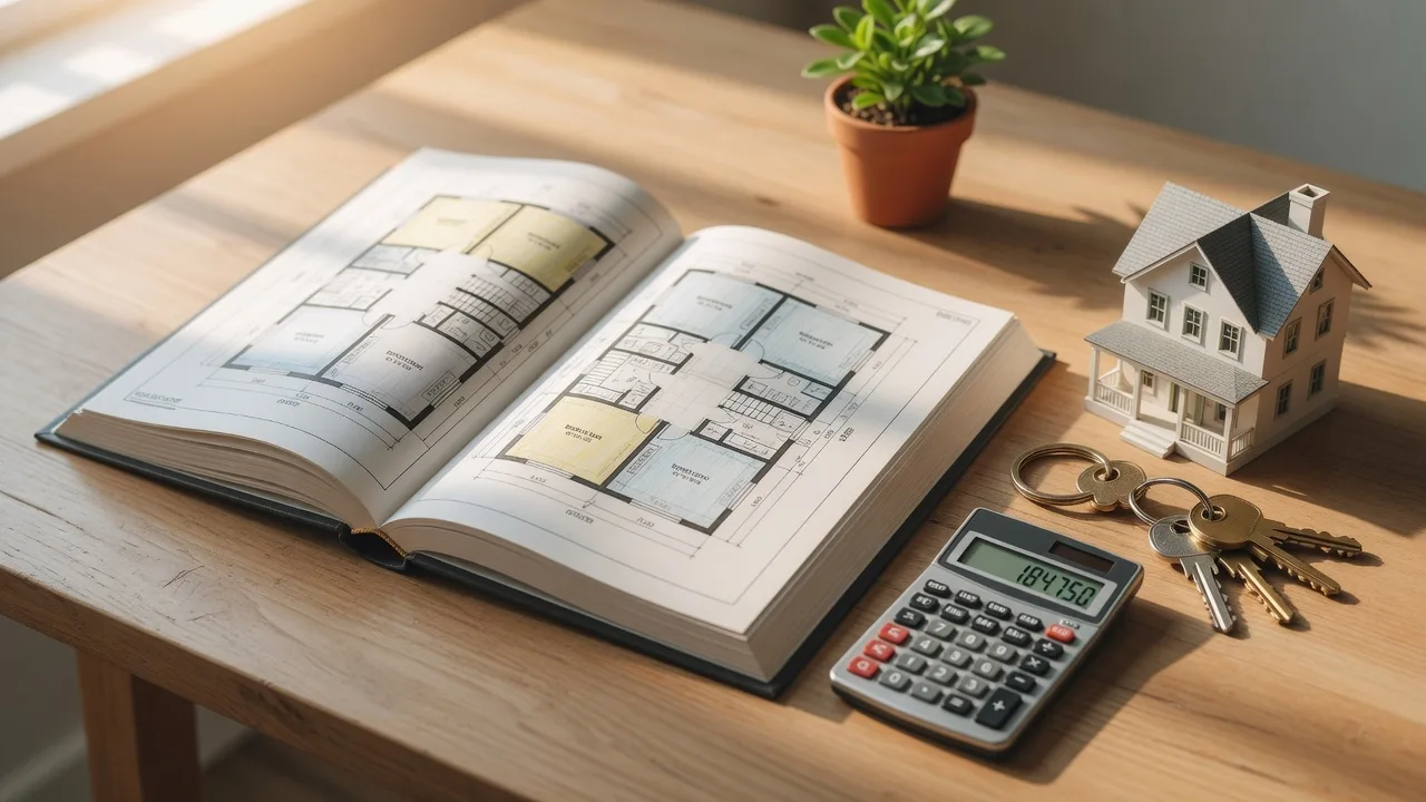 Homeowner reviewing warranty documents and floor plans at a kitchen table with a calculator and keys
