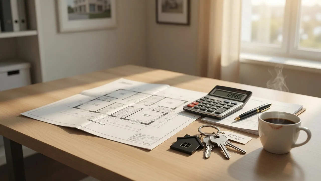 A closing table with a calculator, keys, and home documents representing the financial preparation needed for new construction closing
