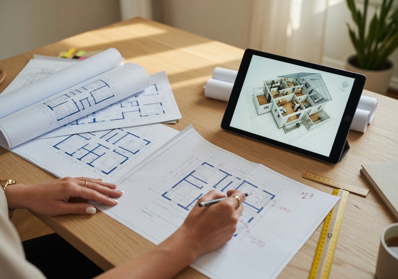Real estate agent reviewing new construction blueprints and floor plans in Paris, TX