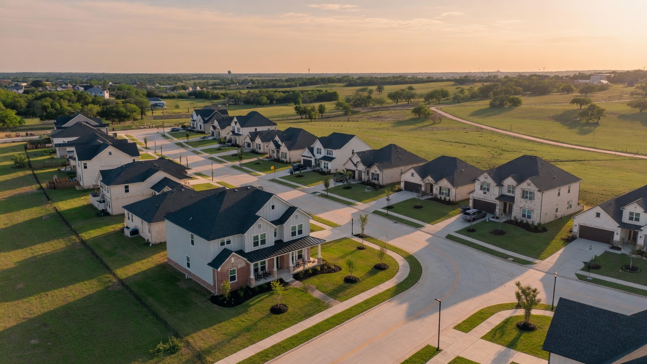 A newly built residential community in Northeast Texas with modern homes, green lawns, and rolling countryside stretching into the distance under a warm afternoon sky