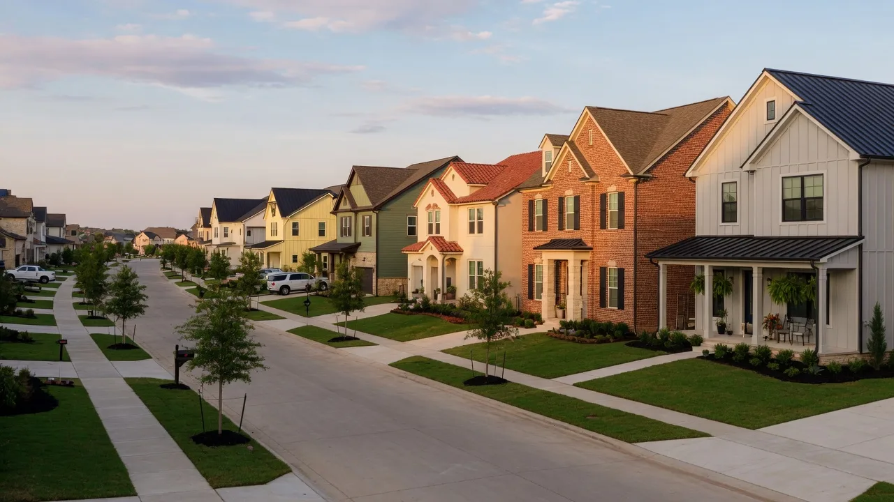 A tree-lined street in a new master-planned community showing homes of different architectural styles built by multiple builders