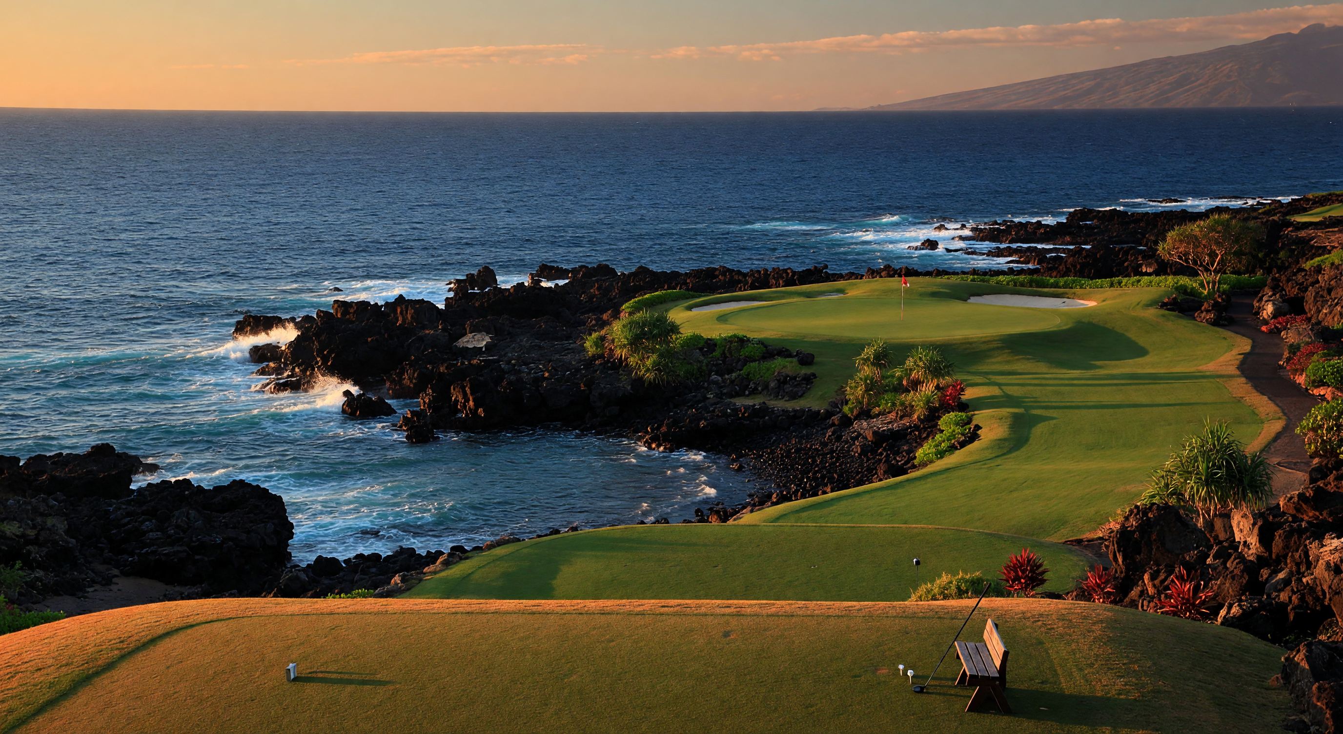 The Mauna Kea Golf Course par-3 third hole with ocean cove and volcanic lava coastline