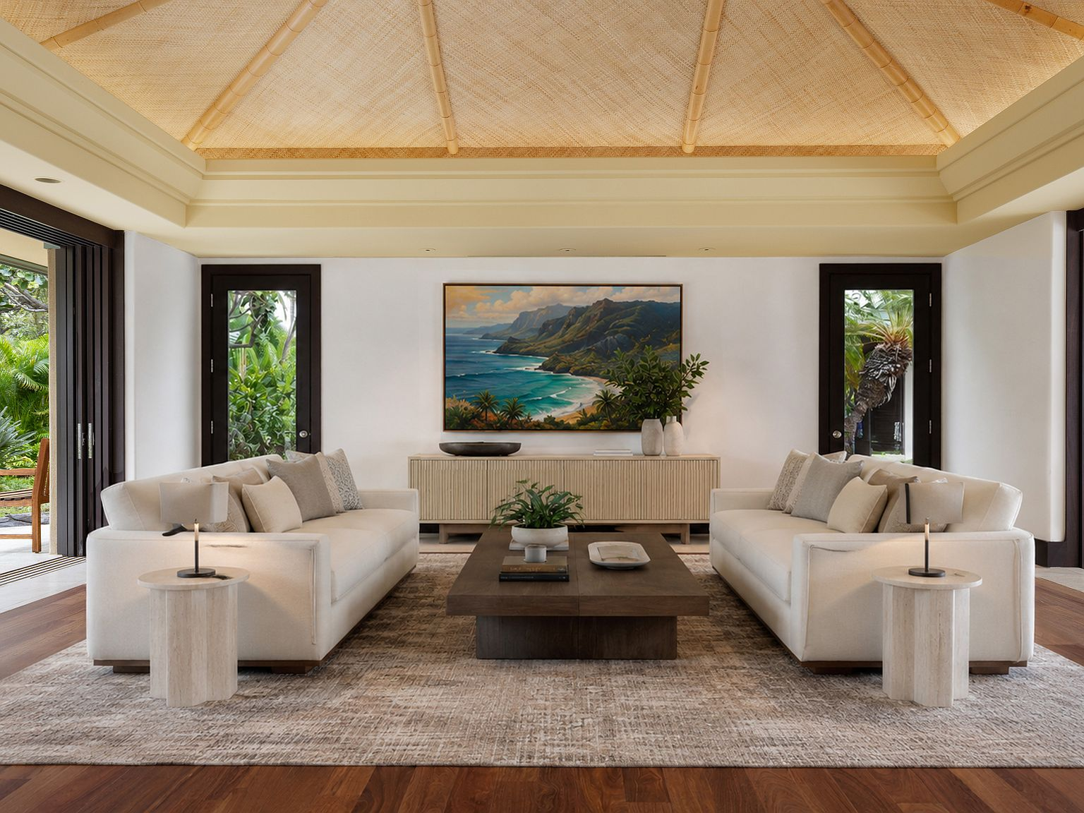 Great Room with high woven bamboo ceiling, natural daylight from open lanai
