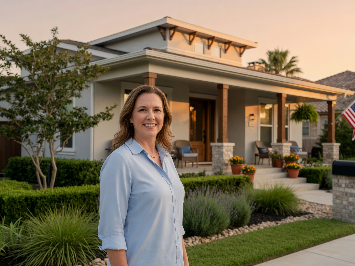 Carol Jukes, Broker/Owner of Realty Pros of Texas, standing in front of a Katy home
