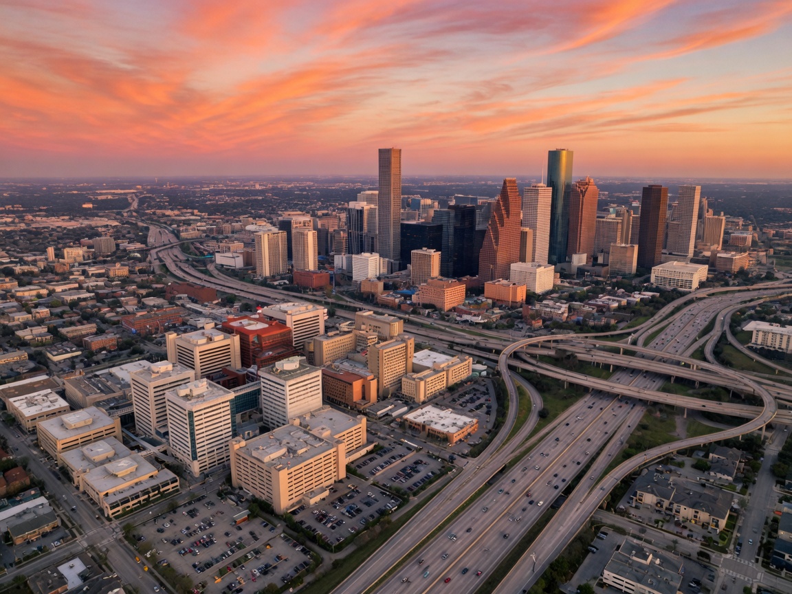 Houston Texas skyline at golden hour with downtown skyscrapers