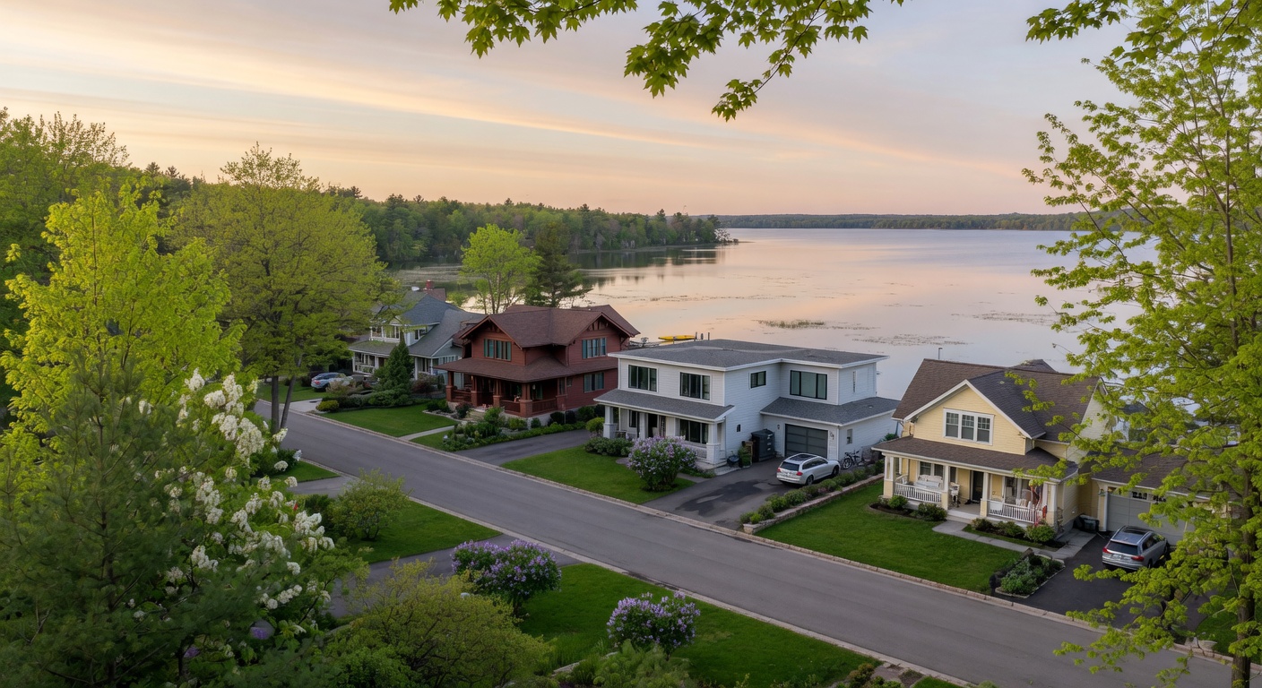 Panoramic sunset overlooking a peaceful Michigan lake and high-end residential neighborhood