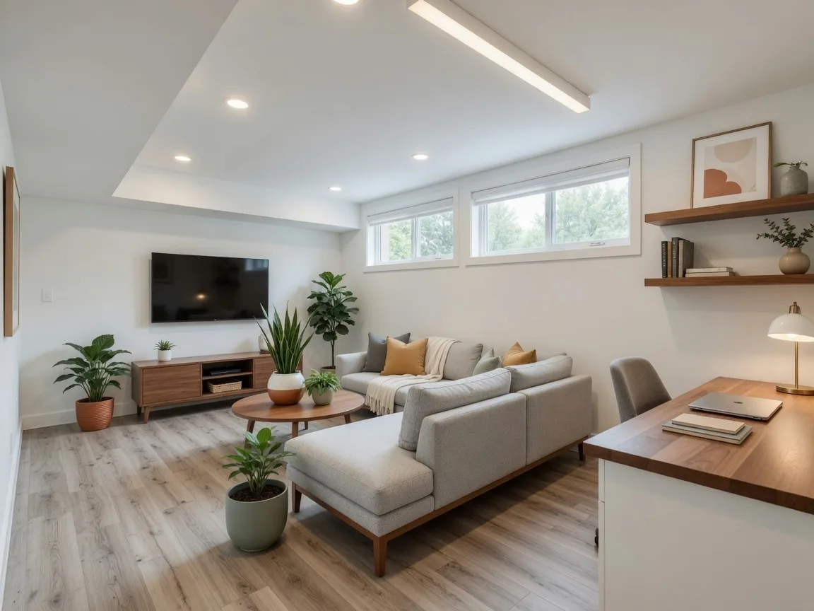 Bright finished basement home office and entertainment space with luxury vinyl flooring, recessed lighting, and warm neutral finishes