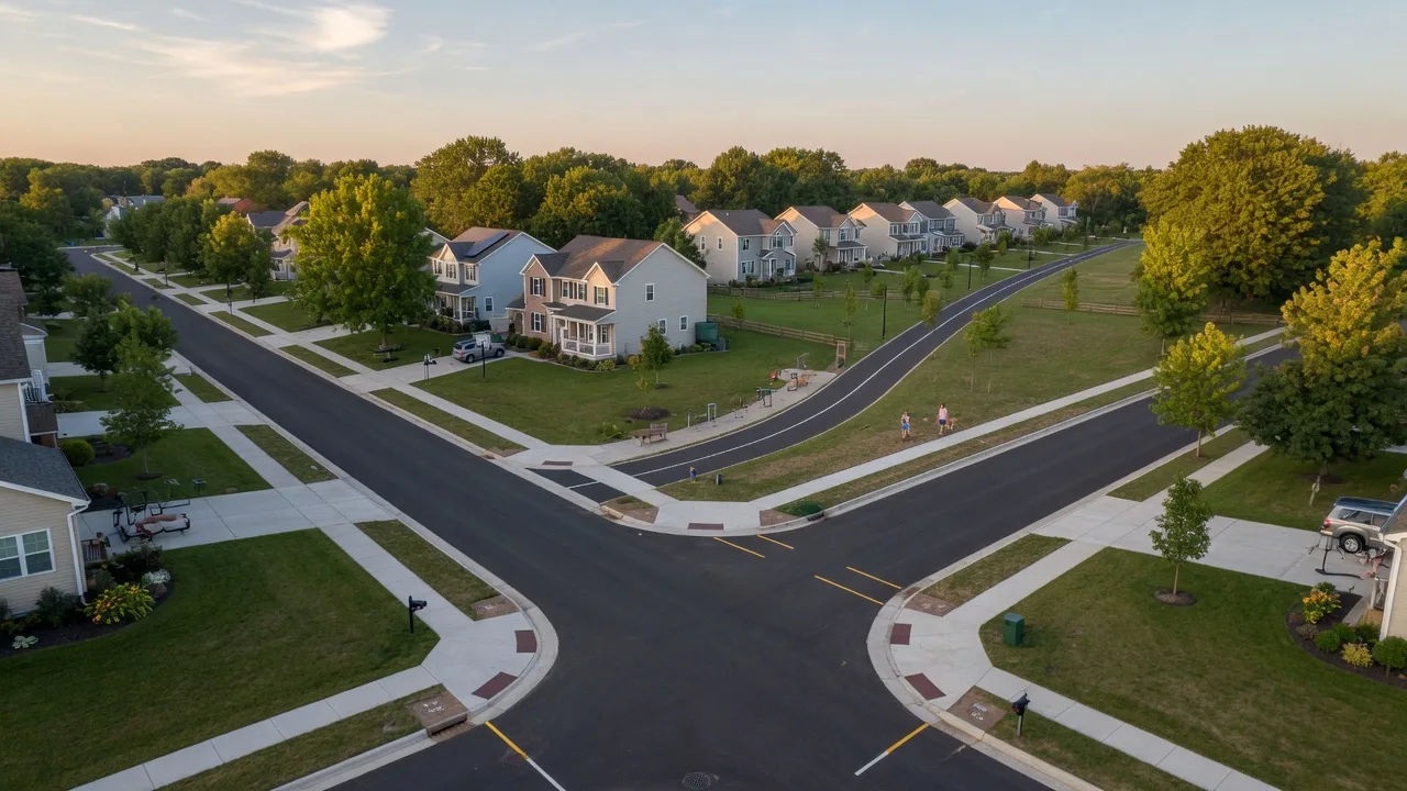 A well-maintained suburban neighborhood with tree-lined streets and sidewalks representing the kind of community infrastructure investment happening in Grand Blanc and Fenton