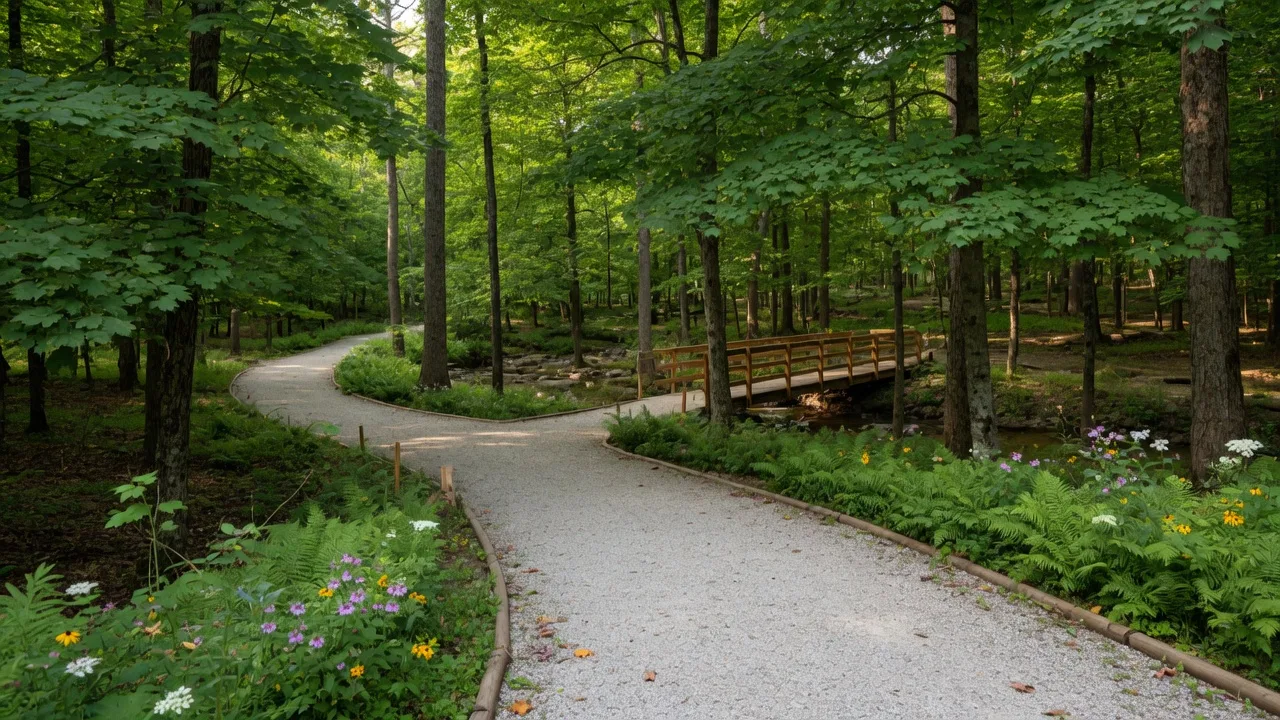A scenic hiking trail winding through a lush Michigan forest preserve with a creek and wooden footbridge in the background