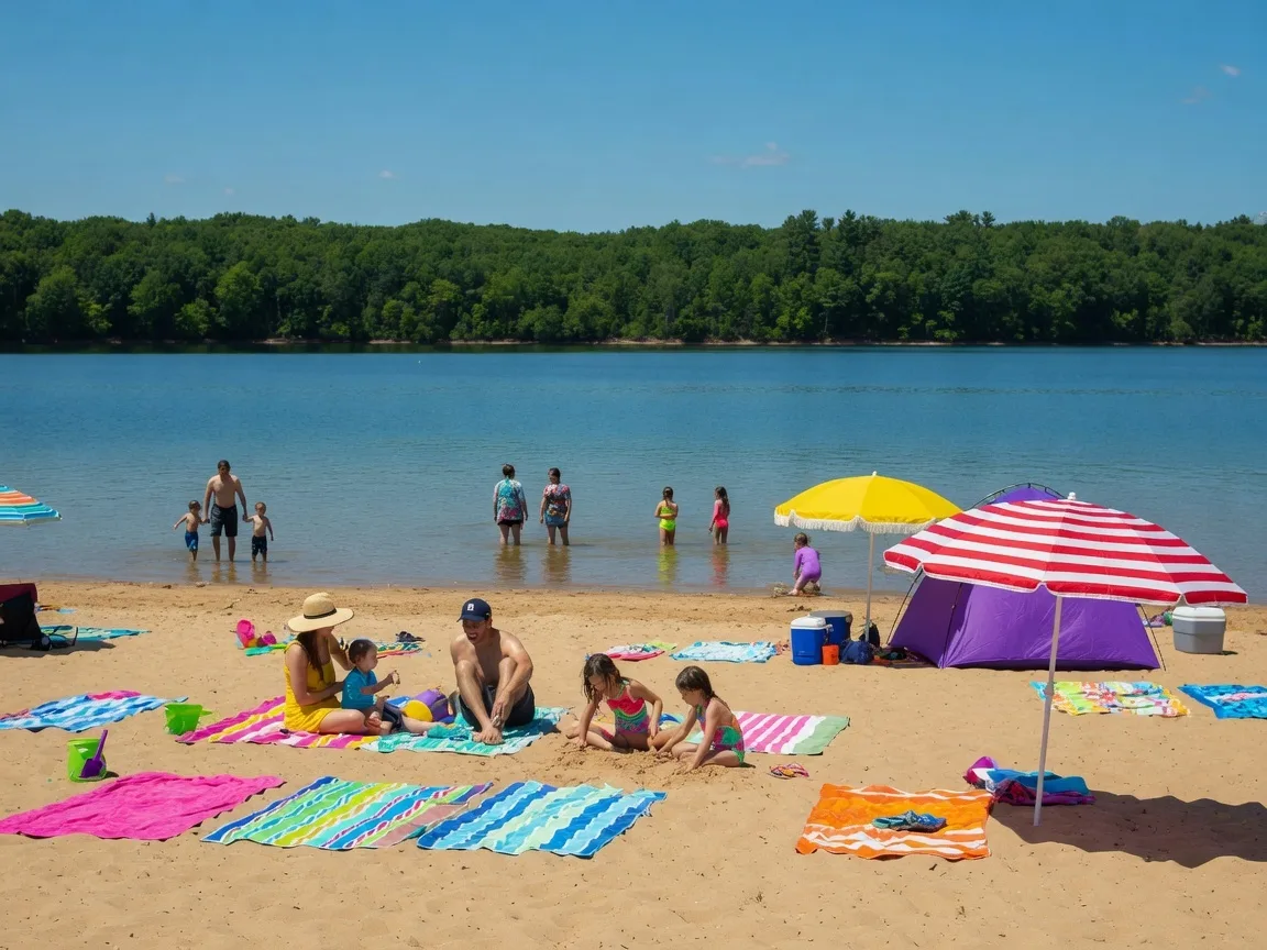 Families enjoying a sunny summer day at Buttercup Beach on Holloway Reservoir with sandy shoreline, calm blue water, and green forested backdrop