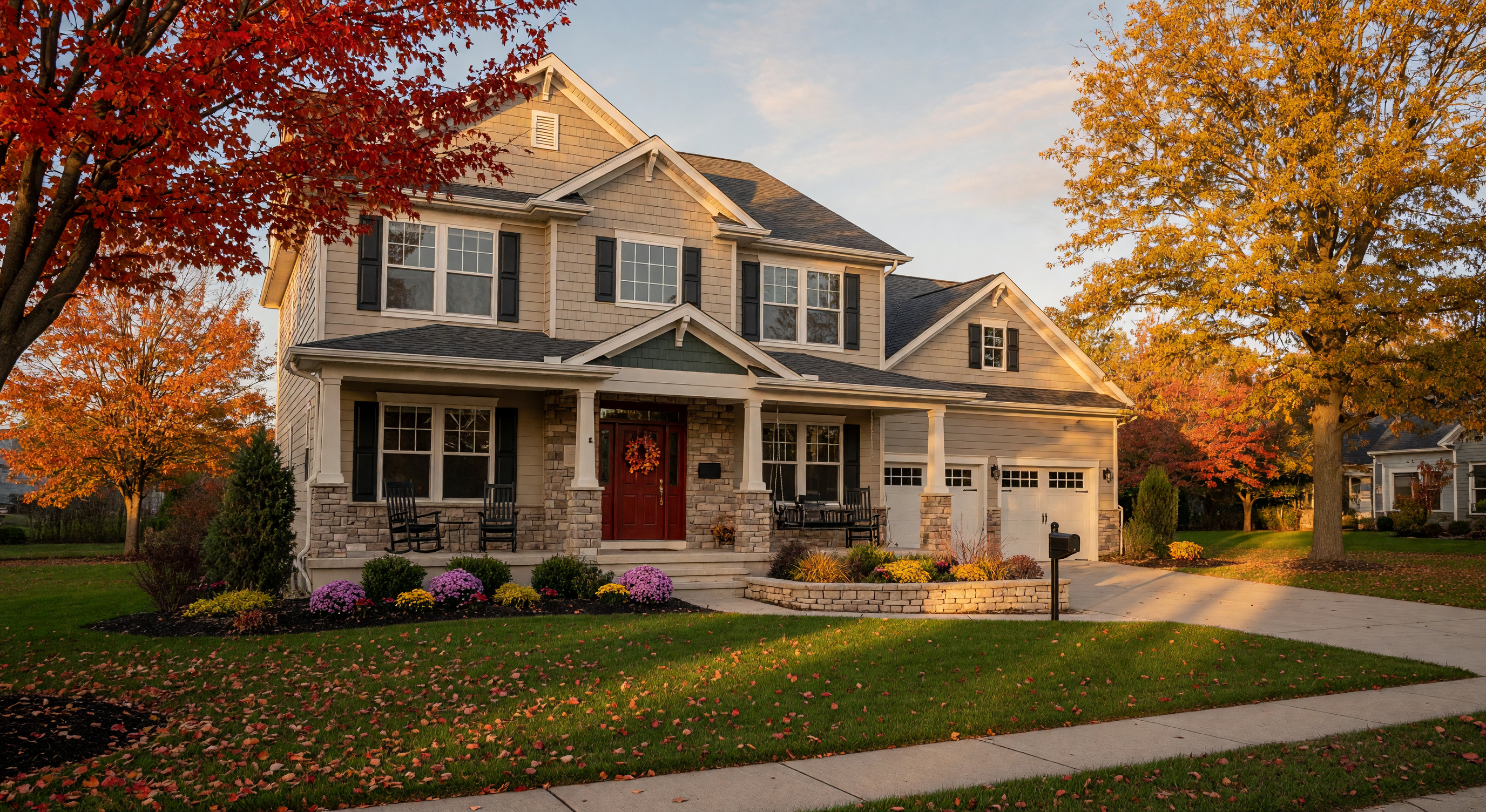 Beautiful modern Michigan suburban single-family home exterior with lush landscaping