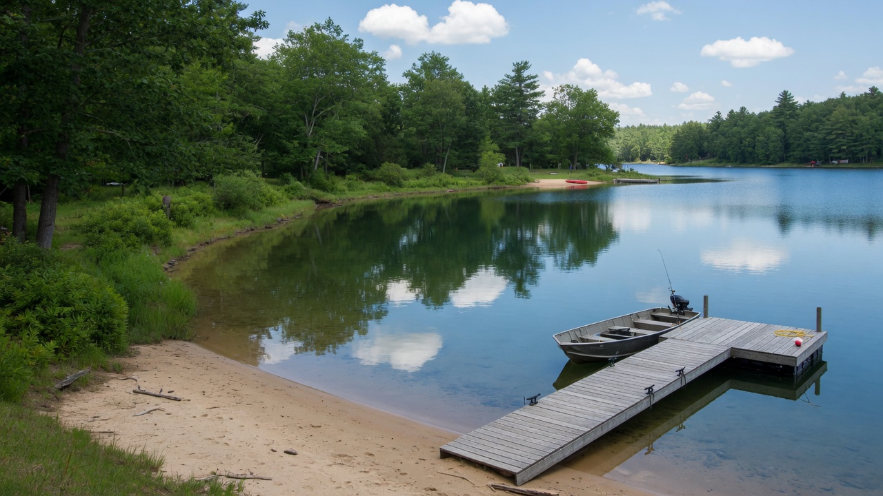 A calm Michigan lake on a summer afternoon with a wooden dock, sandy beach, and tree-lined shoreline reflecting in the clear water