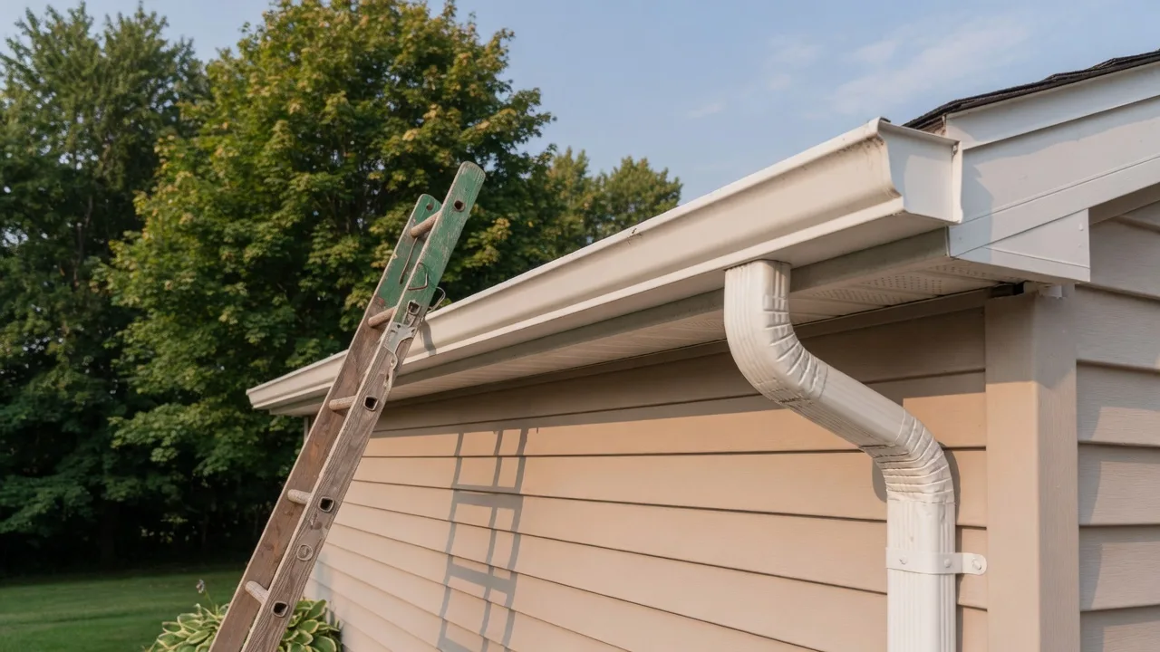 Clean gutters on a suburban home in Michigan surrounded by late-summer greenery, with a ladder resting against the house