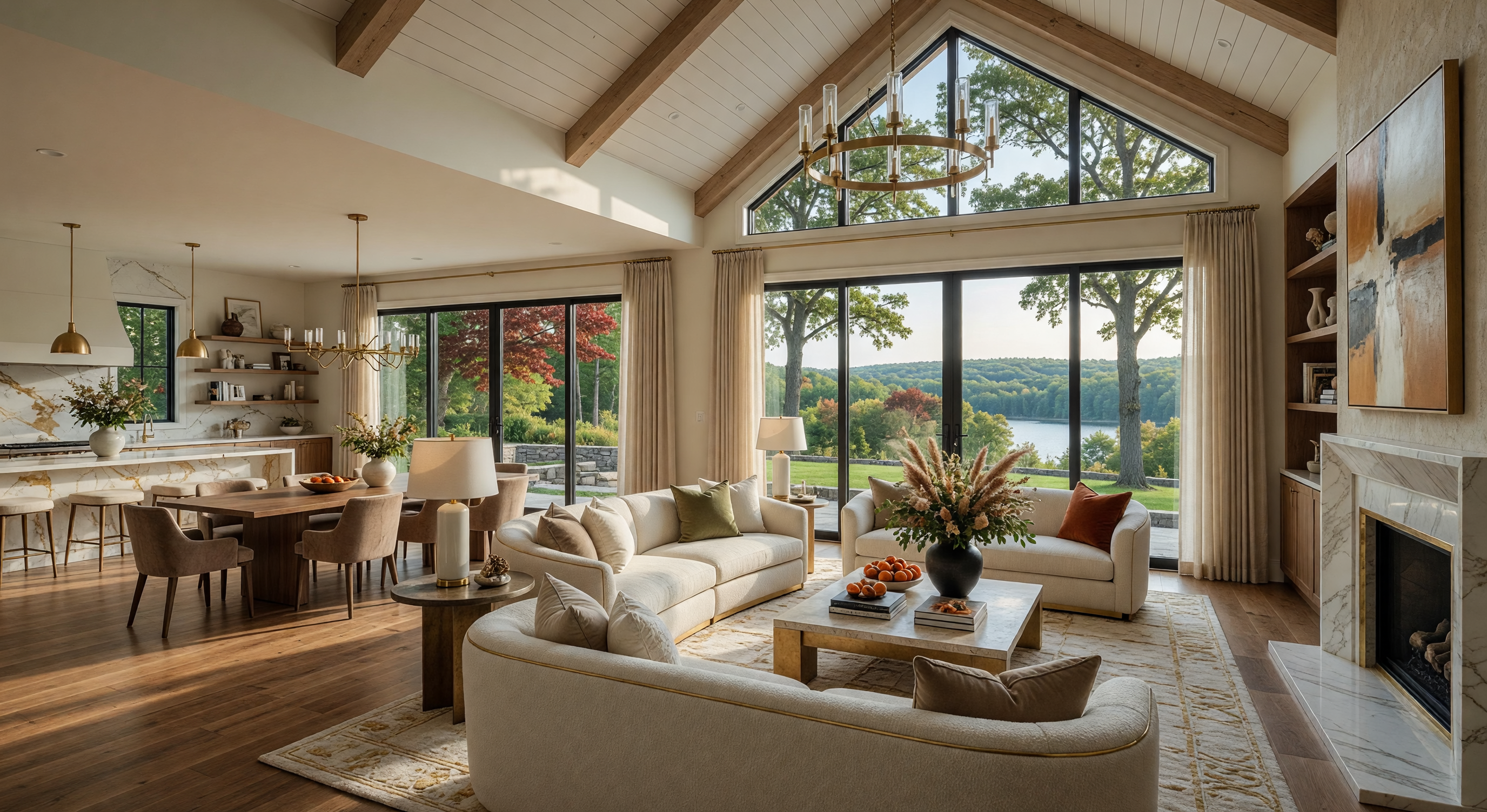 Luxury modern home interior with bright, open natural window lighting