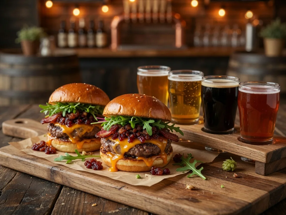 Craft beer flights and signature dishes at Linden Brewing Company in Linden
