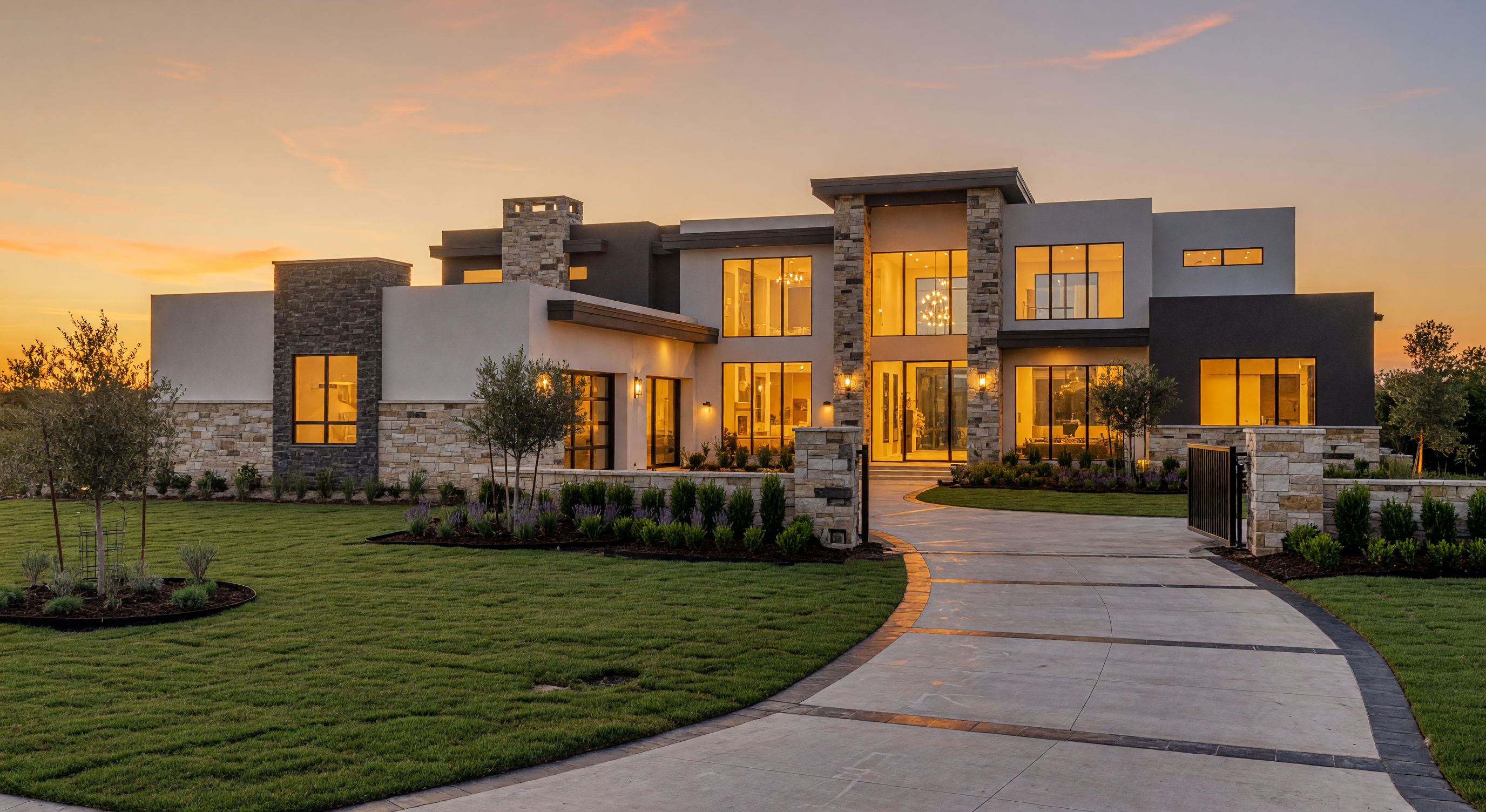 Side angle photo of a luxury custom-built new construction home exterior with a clean pool area at sunset