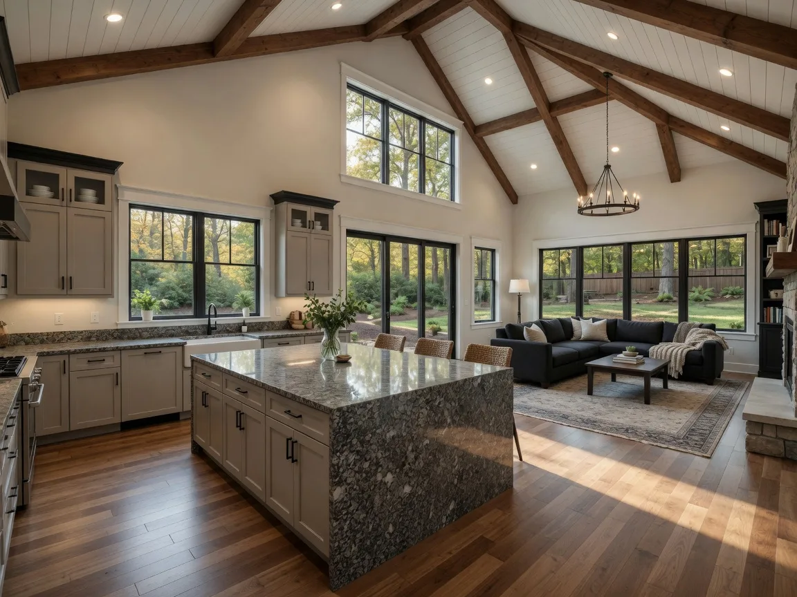 Exterior of a luxury craftsman-style custom home with board-and-batten siding, stone veneer, and covered front porch on a spacious wooded lot