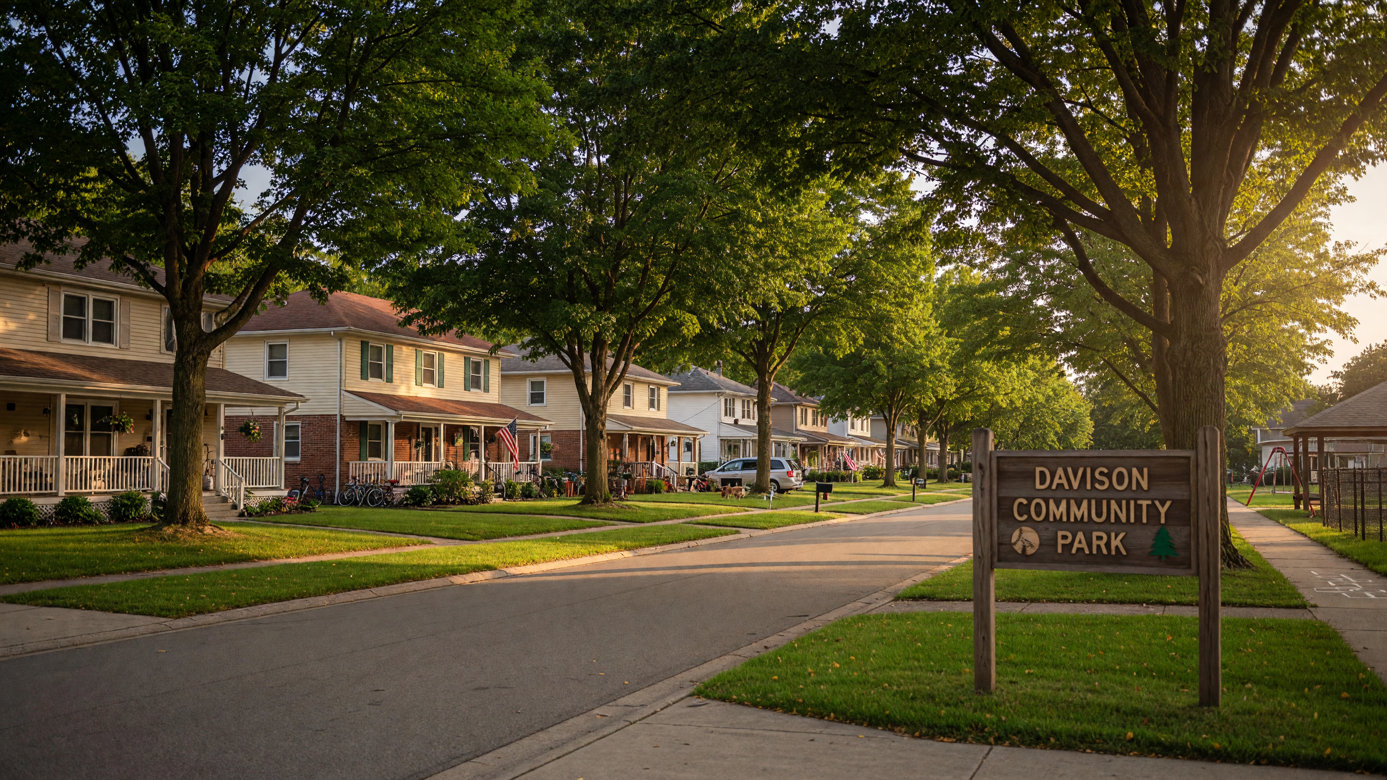 Charming downtown Fenton Michigan with historic brick storefronts and tree-lined streets