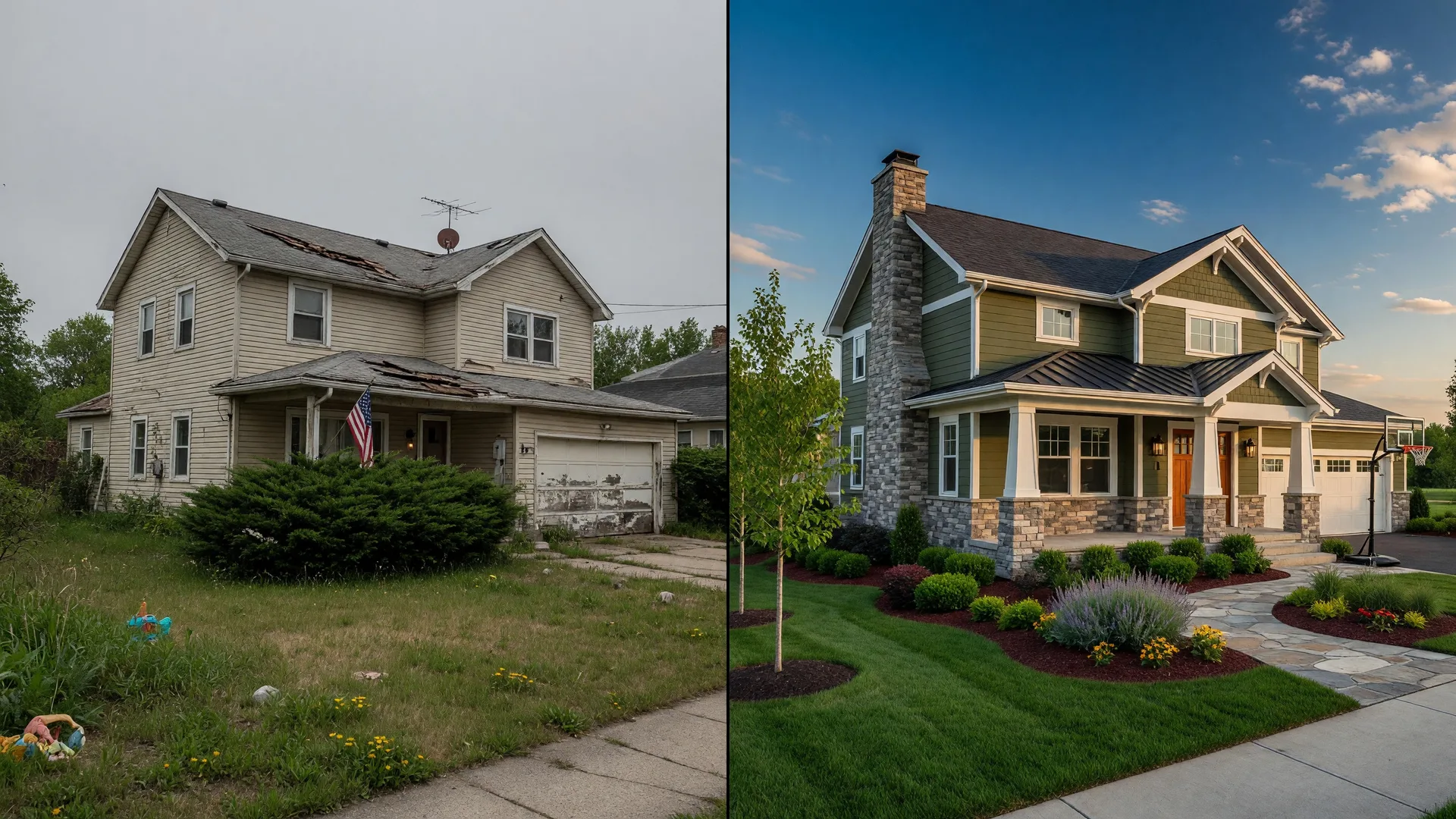 Side-by-side comparison of an older resale home and a brand-new craftsman home