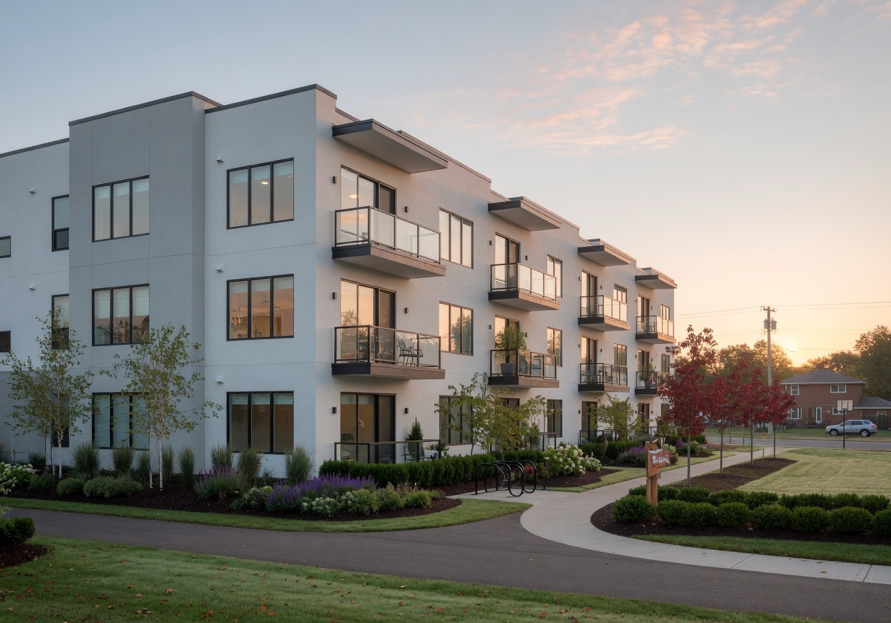 Plush new multi-family townhouse complex with manicured grounds and clean brick facades