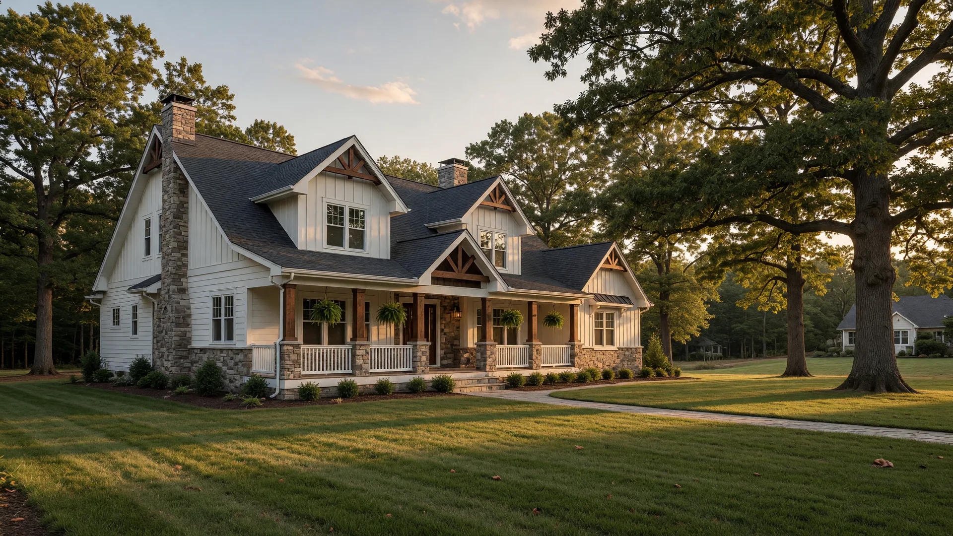 Luxury new construction craftsman-style home at Oaks of Tyrone in Tyrone Township, Michigan — white board-and-batten siding with stone veneer on a wooded one-acre homesite
