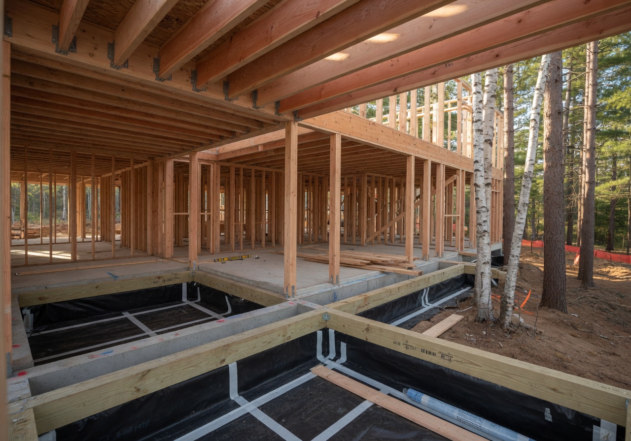 Modern heavy framing of a custom luxury home structure in construction