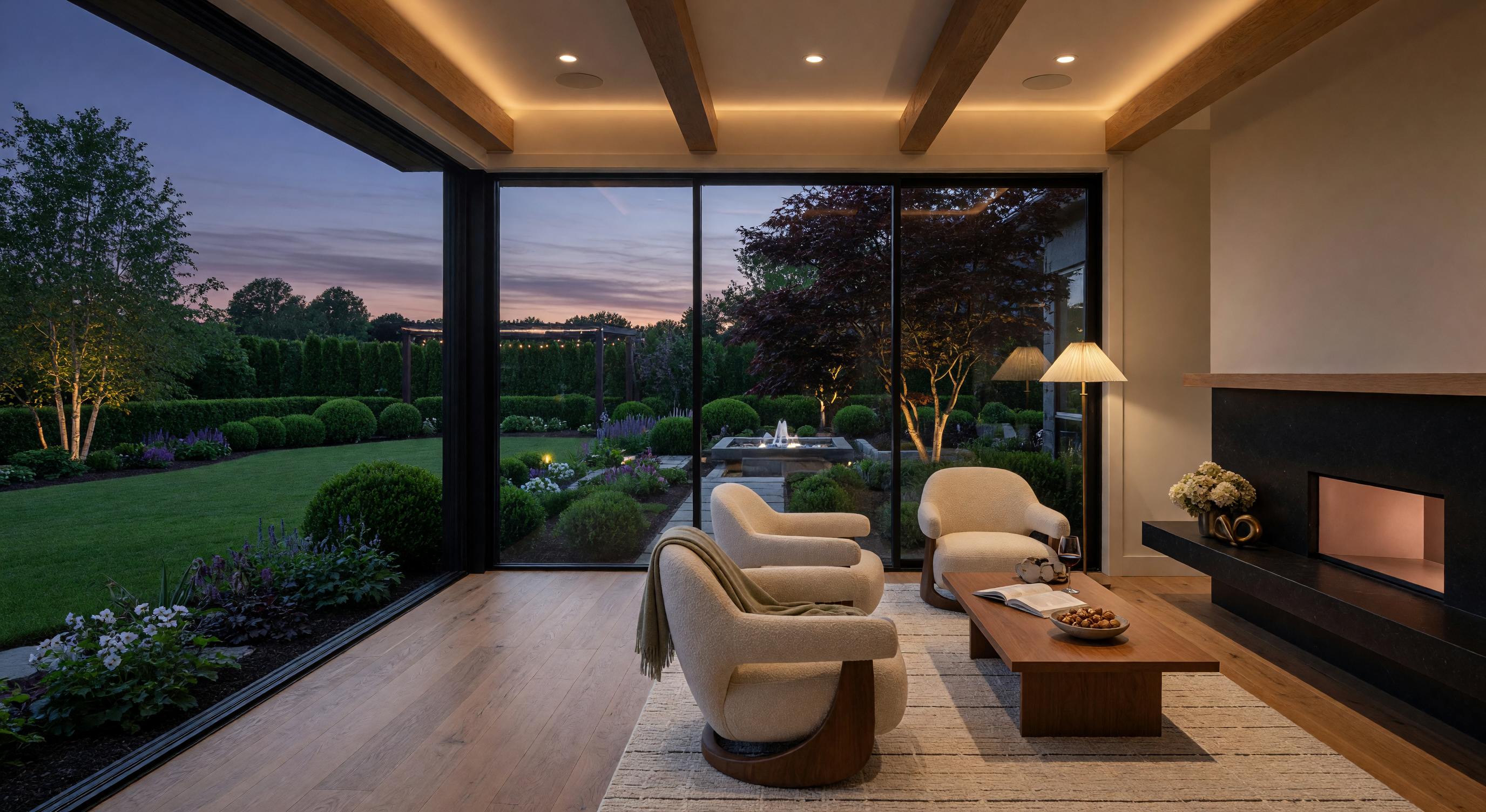 Magnificent elegant residential living room interior with warm sunset window lighting