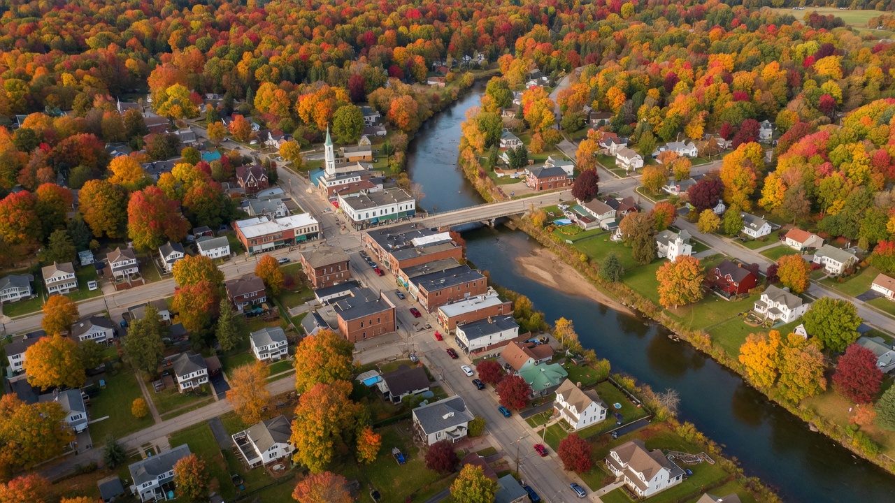 Aerial view of a Michigan river valley with autumn foliage and residential neighborhoods