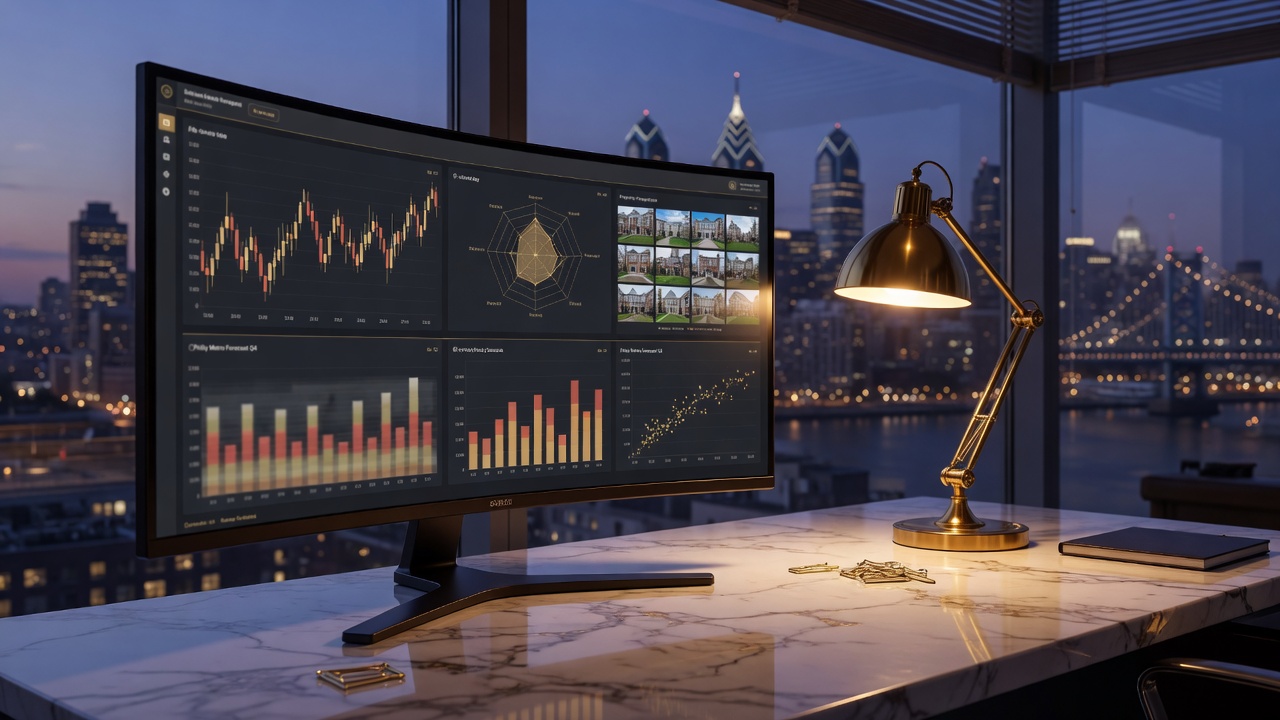 Modern office workspace with data analytics and market intelligence tools for real estate negotiation strategy