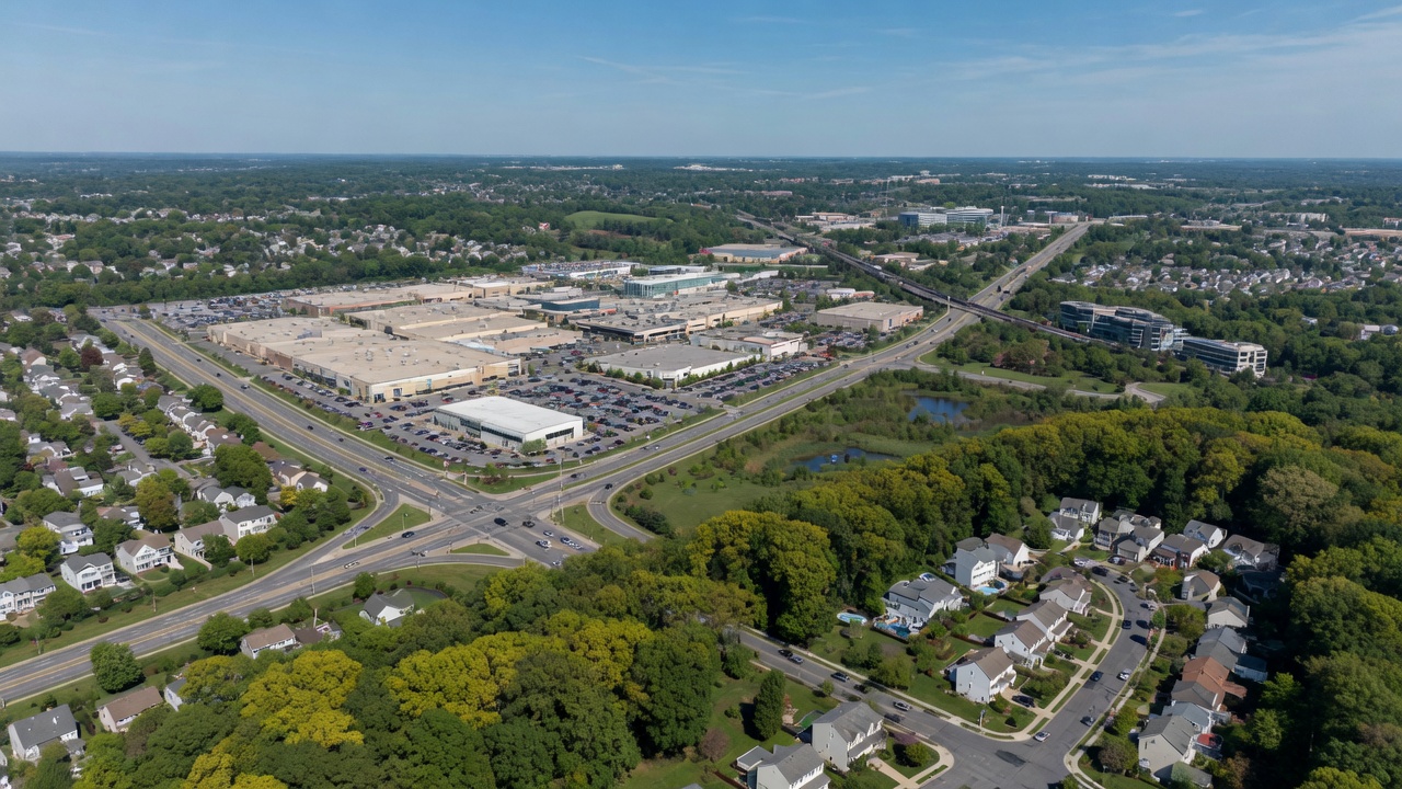 Panoramic view of King of Prussia, Pennsylvania featuring modern residential neighborhoods and commercial corridors