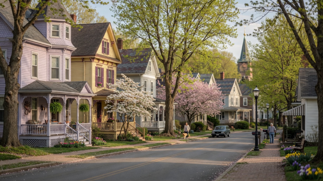 Charming residential street in Yardley, Pennsylvania with mature trees and classic Bucks County architecture