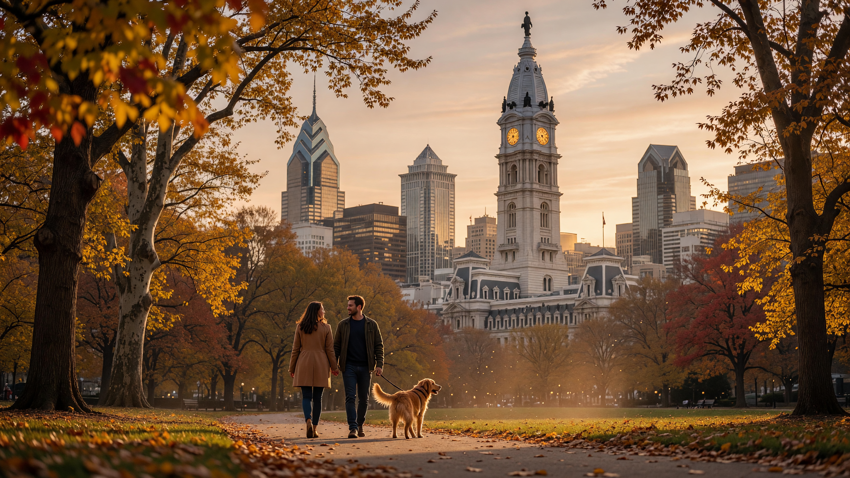 Philadelphia skyline view from Rittenhouse Square park with a golden retriever walking along a tree-lined path on a warm autumn afternoon