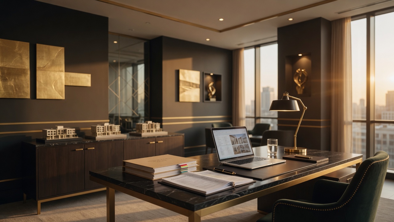 A modern real estate office with warm gold accents, representing the evolving business model of real estate brokerages