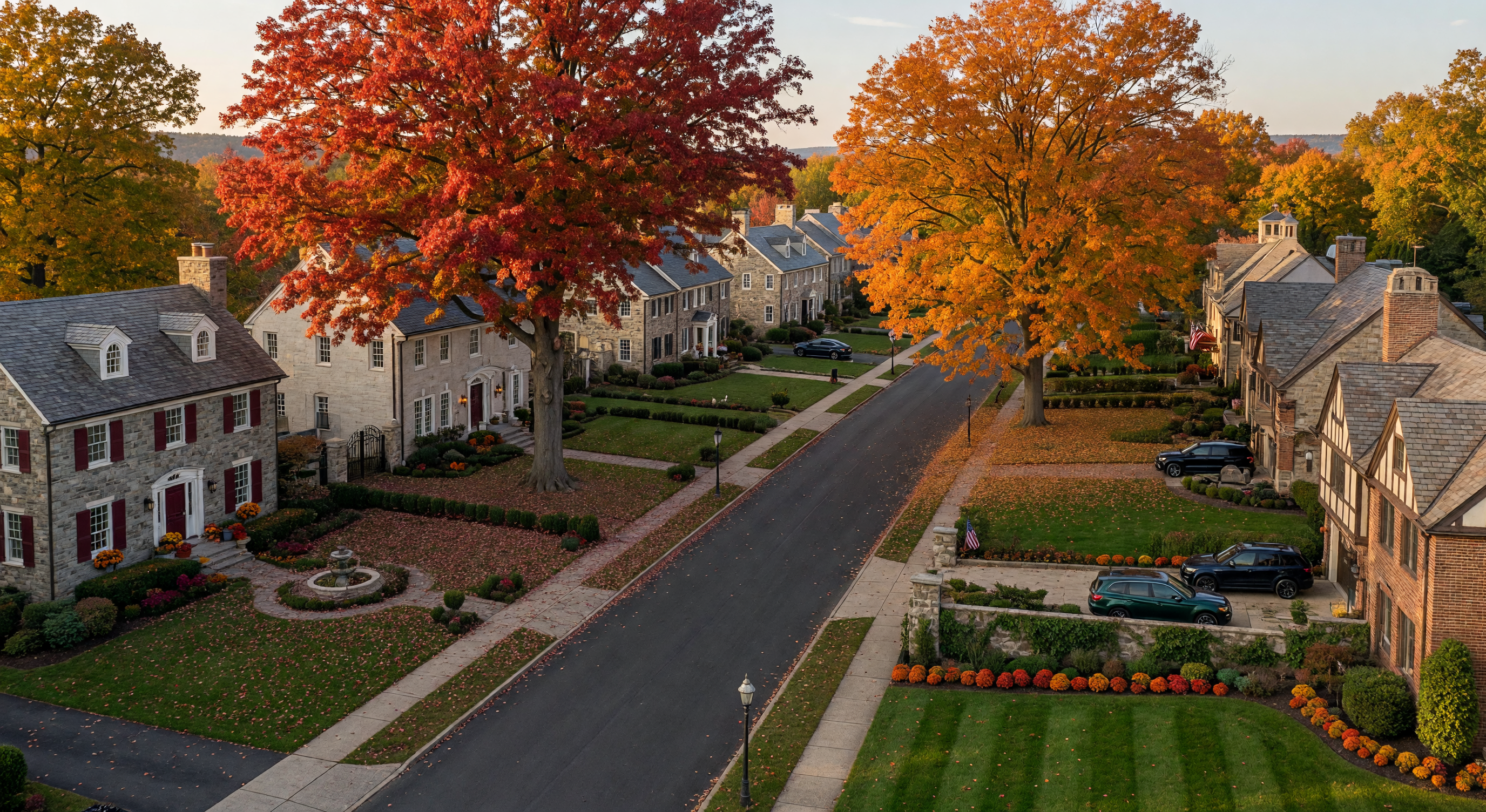 Tree-lined suburban street with elegant homes in Southeastern Pennsylvania