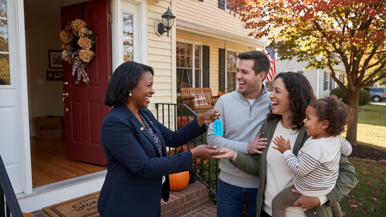 A family receiving keys to their new home, representing a successful simultaneous buy-and-sell transition