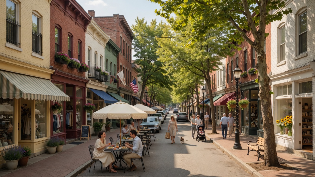 Walkable downtown Ambler, Pennsylvania with boutique storefronts and outdoor dining on a sunny afternoon