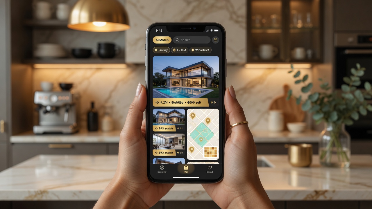 Smartphone with AI-powered tools helping evaluate downsizing options and community comparisons