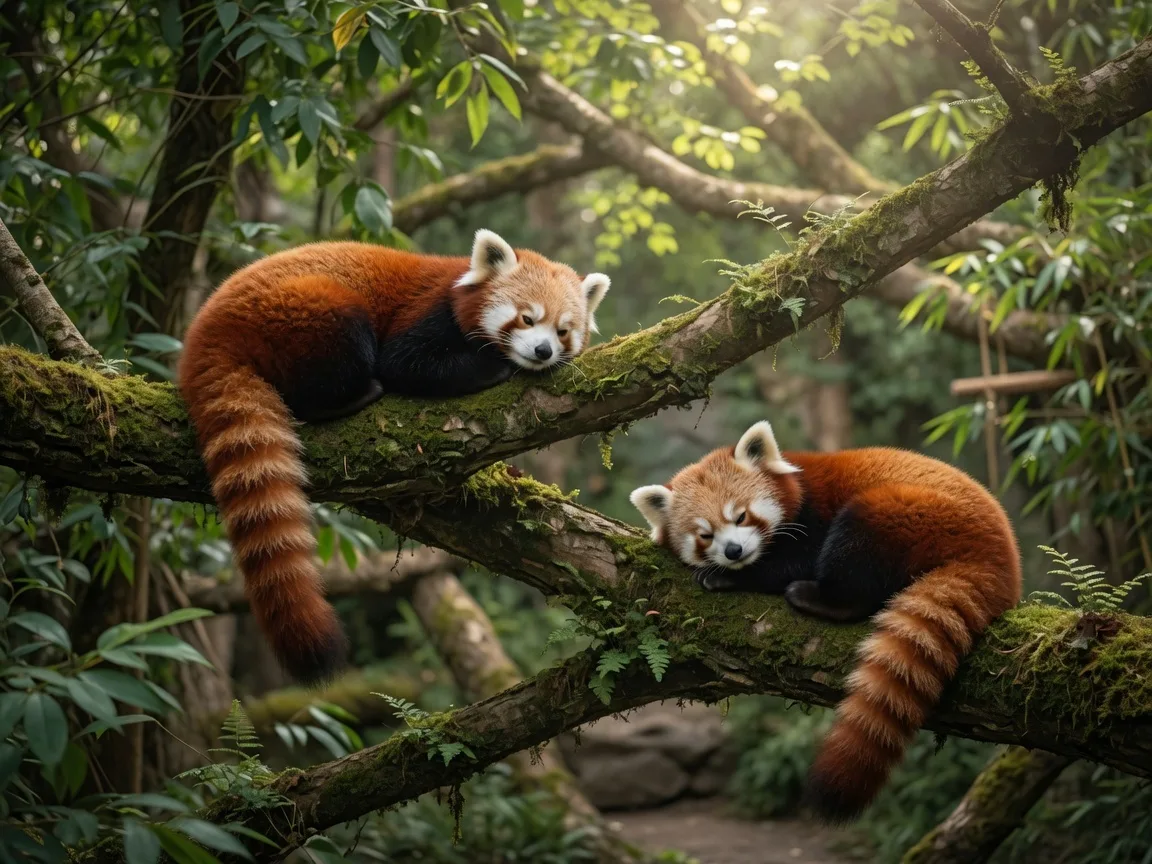 Red pandas perched among mossy branches in a naturalistic zoo habitat
