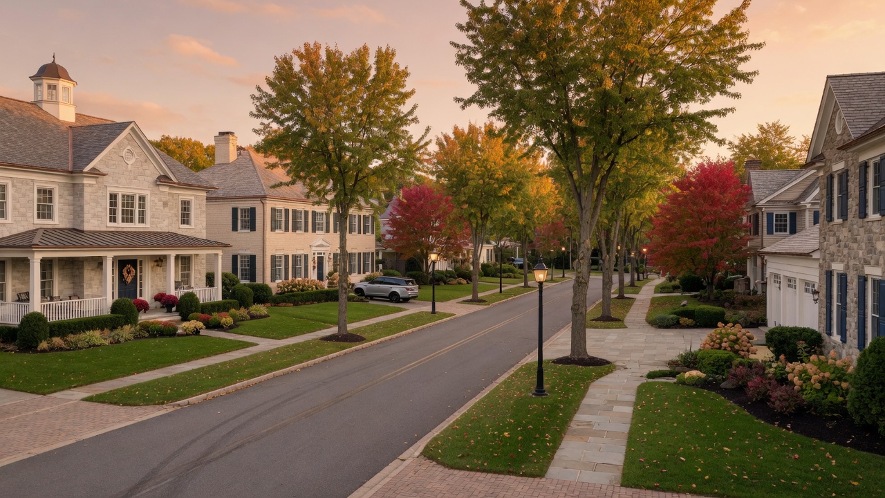 Upscale residential neighborhood in Blue Bell, Pennsylvania with executive-style homes and mature tree canopy