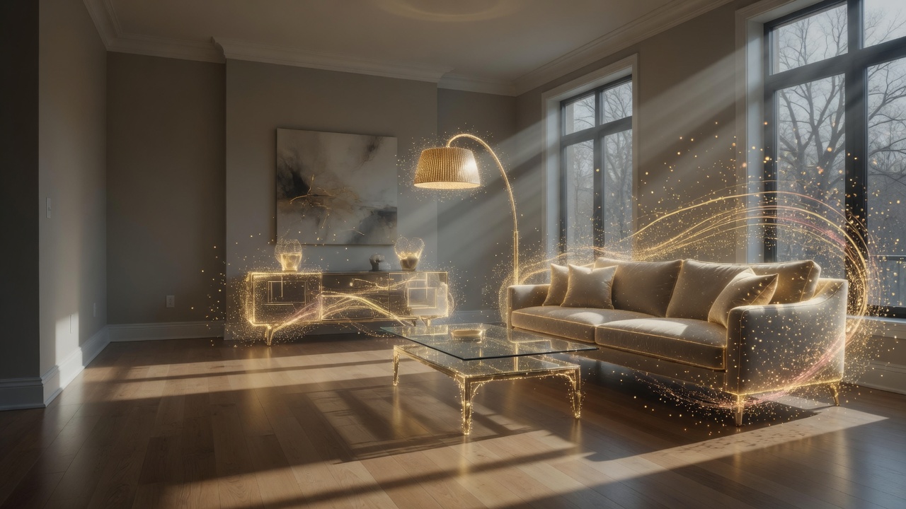 AI virtual staging transforming an empty room into a beautifully furnished living space