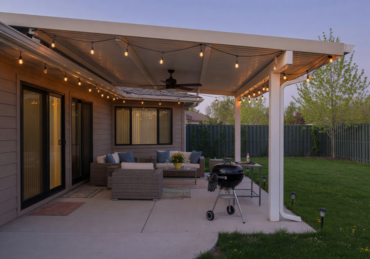 Covered patio of a modern ranch home on a pleasant evening