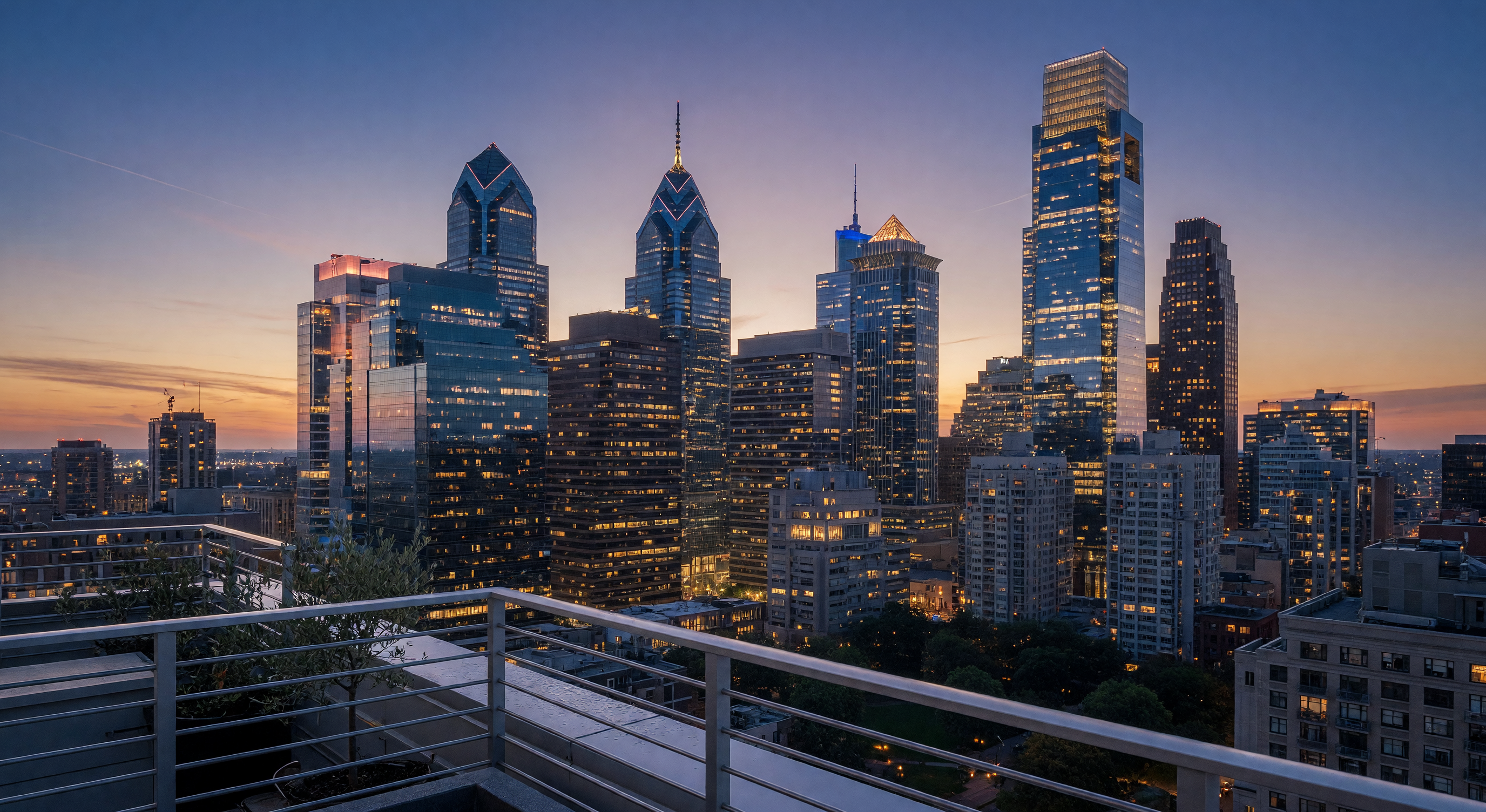 Cinematic wide view of Philadelphia Center City skyline at twilight twilight golden blue hour