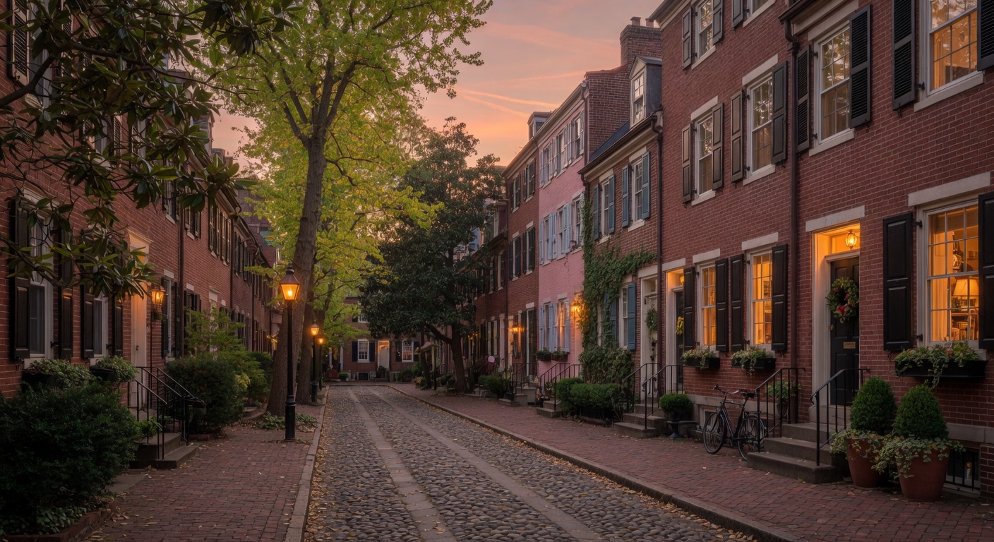 Historic Society Hill brick row homes on cobblestone street in Philadelphia at twilight sunset