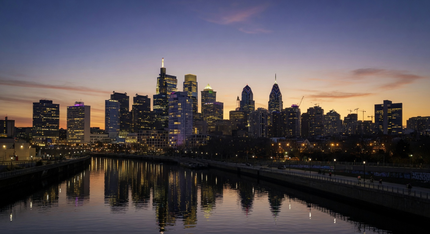 Panoramic skyline layout of center city Philadelphia skyscrapers during twilight hour